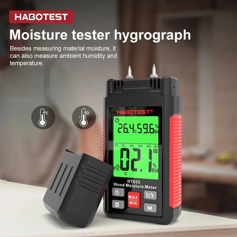 HT633 dwa piny cyfrowy miernik wilgotności drewna Tester wilgotności drewna higrometr detektor wilgotności drewna z wyświetlacz LCD z podświetleniem