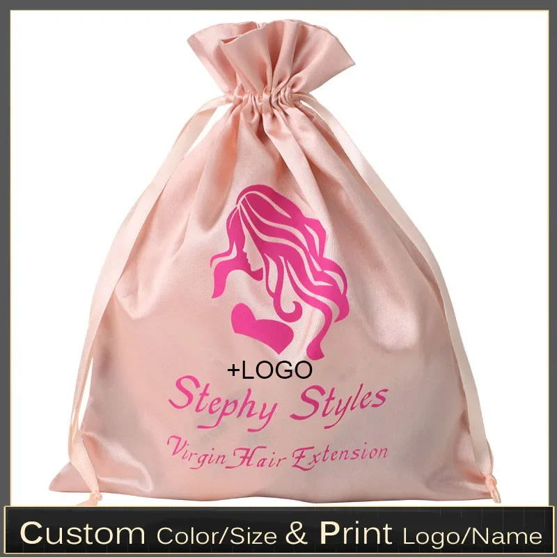 50PCS Custom Logo Hair Satin Bag Soft Silk Drawstring Gift Bag Hair Extenssions Cosmetic Tools Packaging Bag