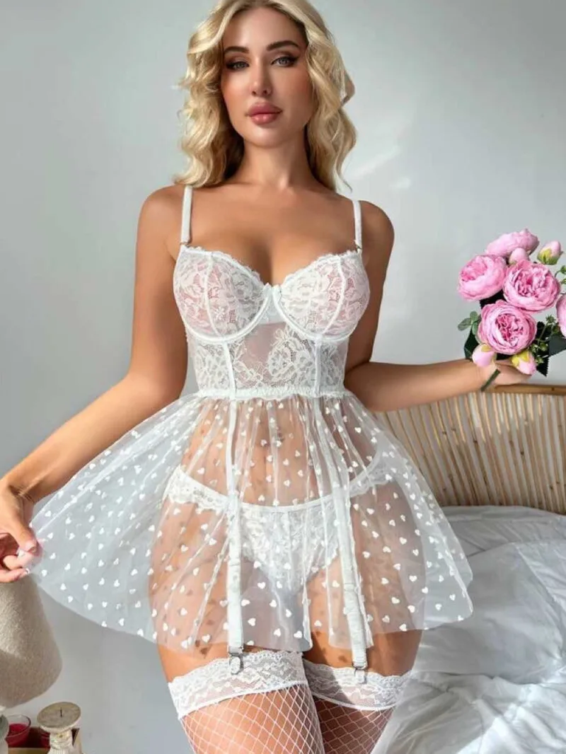 Robe Sexy en dentelle pour femmes, garniture en maille, sangle d'épissure, transparente, dos nu, décolleté en V profond, sans manches, couleur unie, élégante et charmante, O4MC