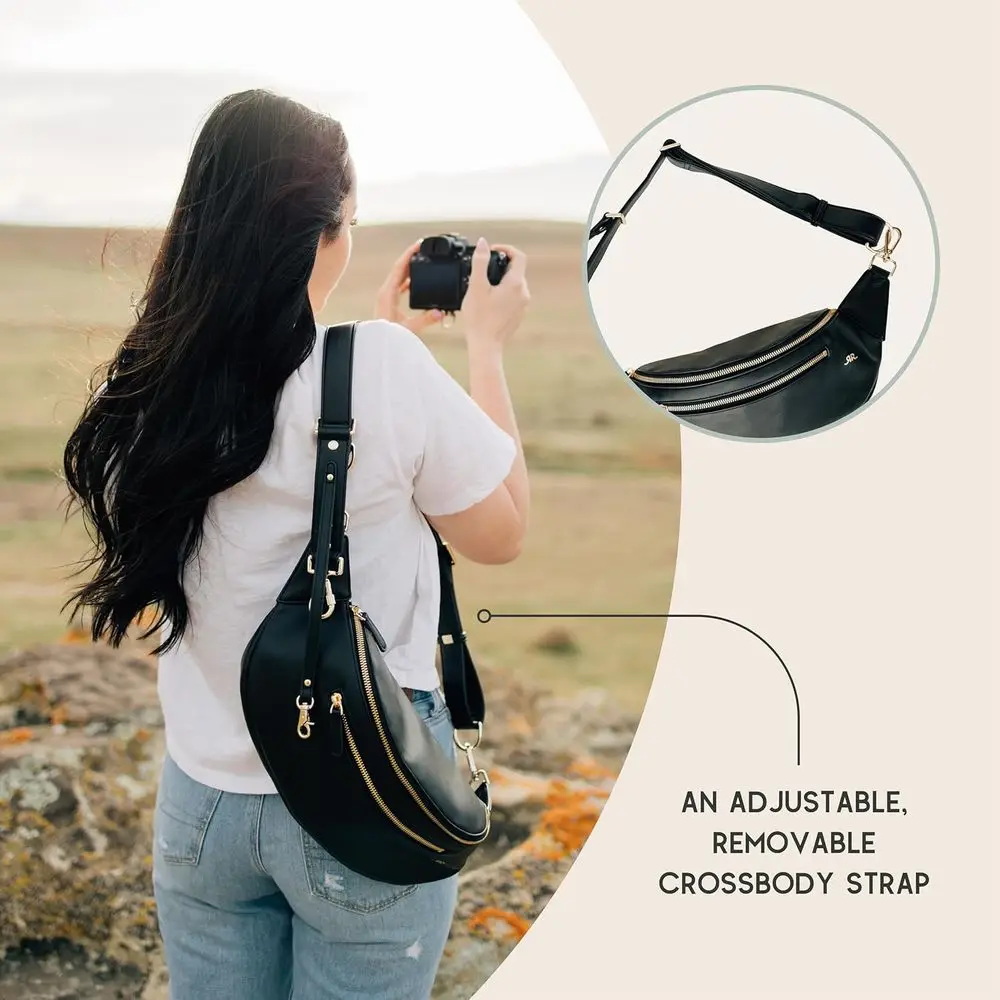 Bolso bandolera compacto de piel vegana con interior de ante, diseño manos libres, marrón