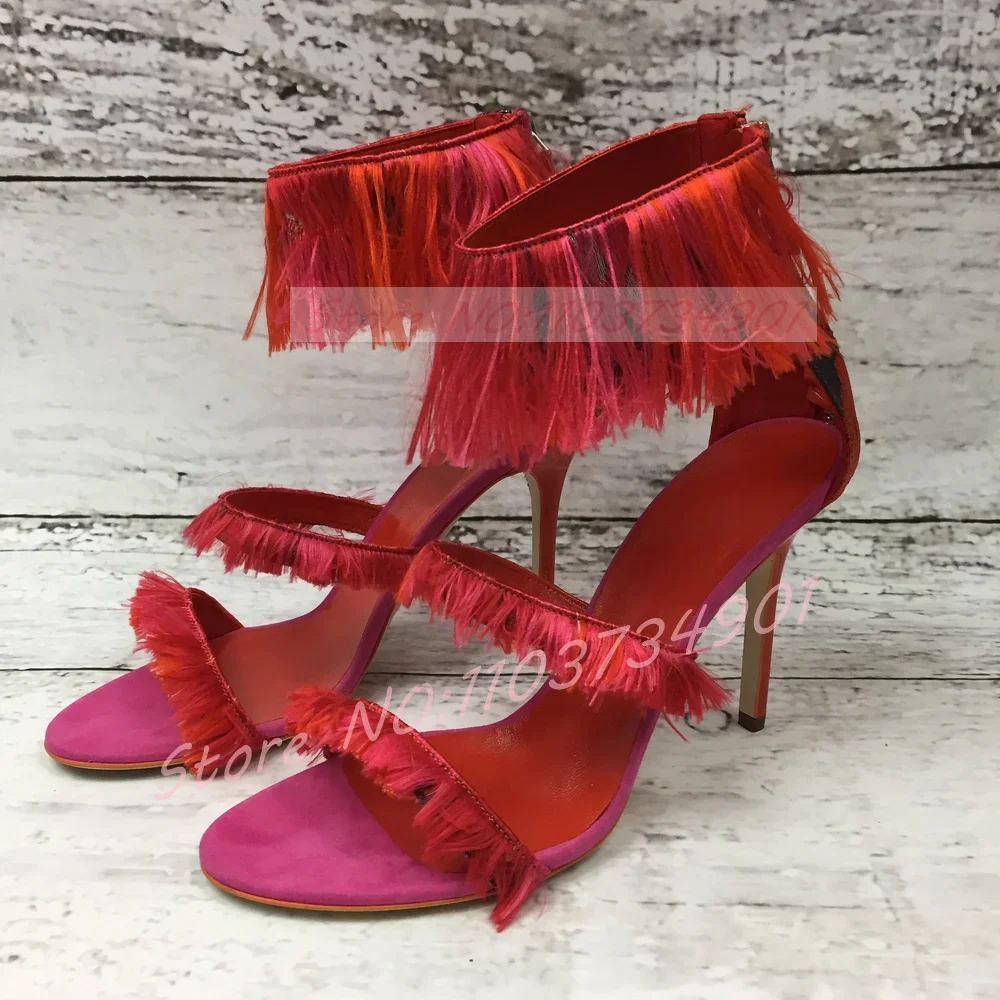 

Rose Red Flock Tassels Sandals Women Sexy Open Round Toe Ankle Strap Zipper High Heels Shoes Female Elegant Fashion Sandals
