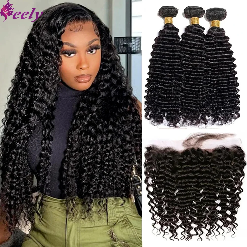 Brazilian Deep Wave Human Hair Bundles With Frontal 13x4 Lace Weave Extensions 3 Bundles With Closure For Women Natural Black 1B