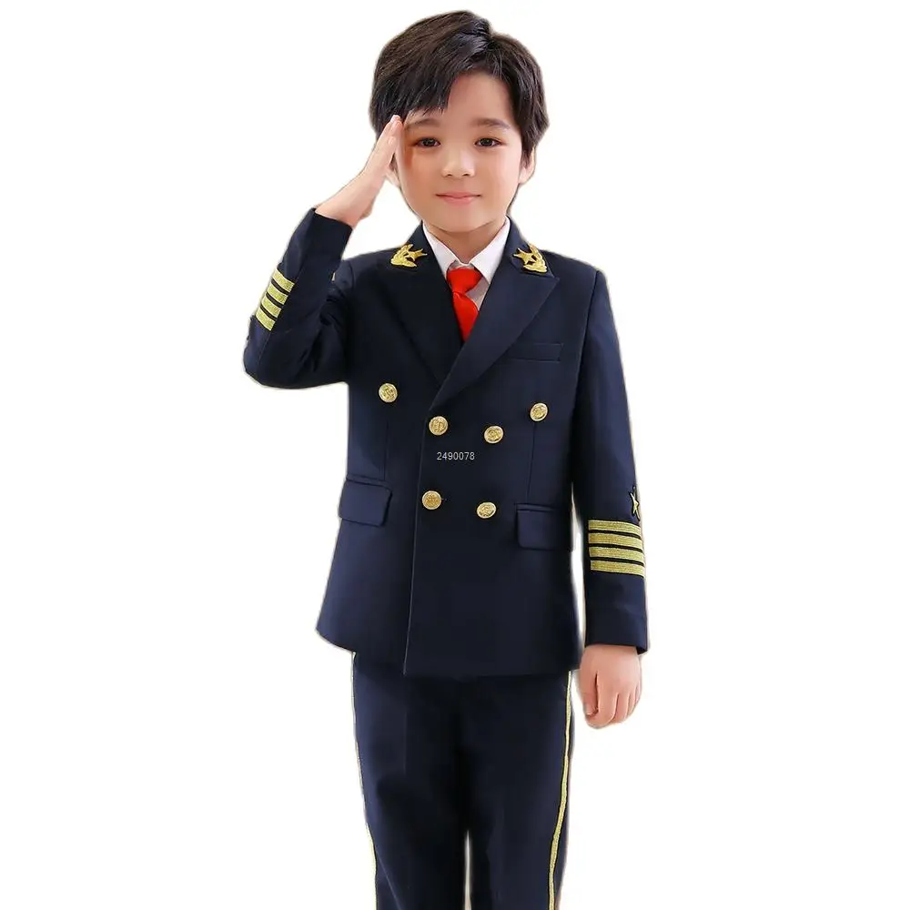 Flower Boys Pilot 3Pieces/Set Jacket Pants Tie Uniform Suit Kids Tuxedo Wedding Dress Children Birhtday Photograph Stage Costume