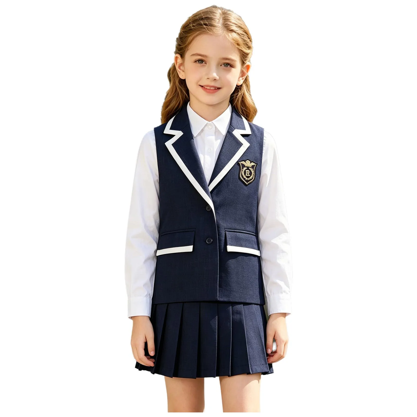 Kids Boys Girls Academy Student School Uniform Waistcoat Lapel Contrasting Trim Waistcoat Vest Lapel Button Suit with Pockets