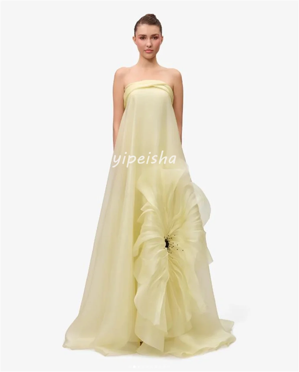 Customized Fashion Intricate Organza Handmade Flower Pleat Beading A-line Strapless Long Dresses Bespoke Occasion Dresses Retro