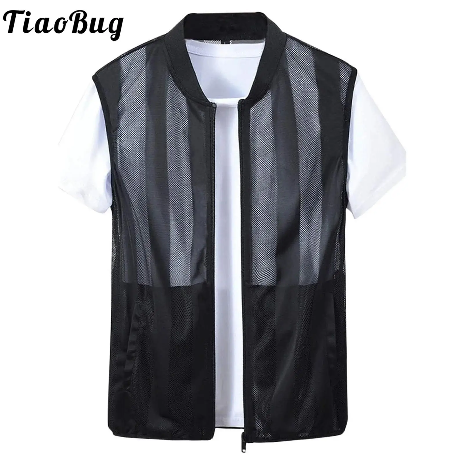 

Men Breathable Sheer Mesh Tank Top Sleeveless Front Zip Vests with Pockets Utility Cardigan for Fishing Travel Hiking Casual