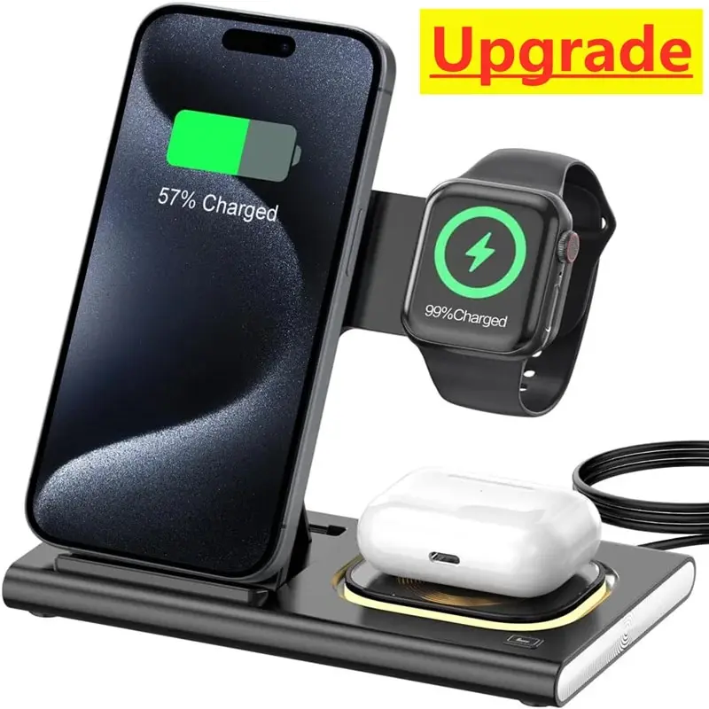 3 in 1 Wireless Charger Foldable Fast Charging Station Travel Dock Light for iPhone 15 14 13 12 Pro Max IWatch 8 7 6 Airpods 3/2