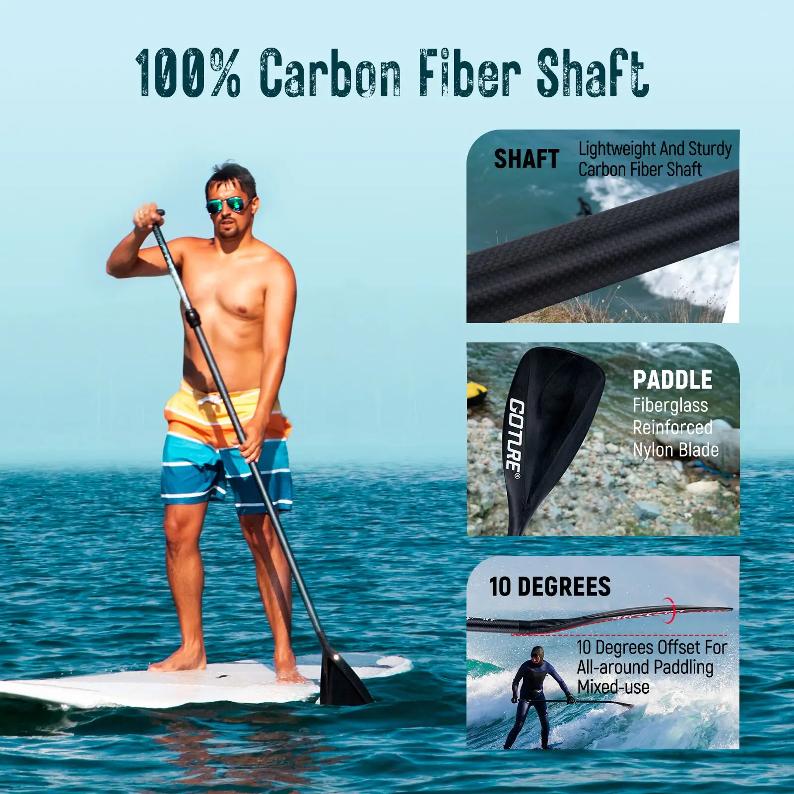 Goture SUP – tige de pagaie entièrement en Fiber de carbone, accessoires de Paddle Ultra léger en 3 Sections réglables de 170 à 215cm