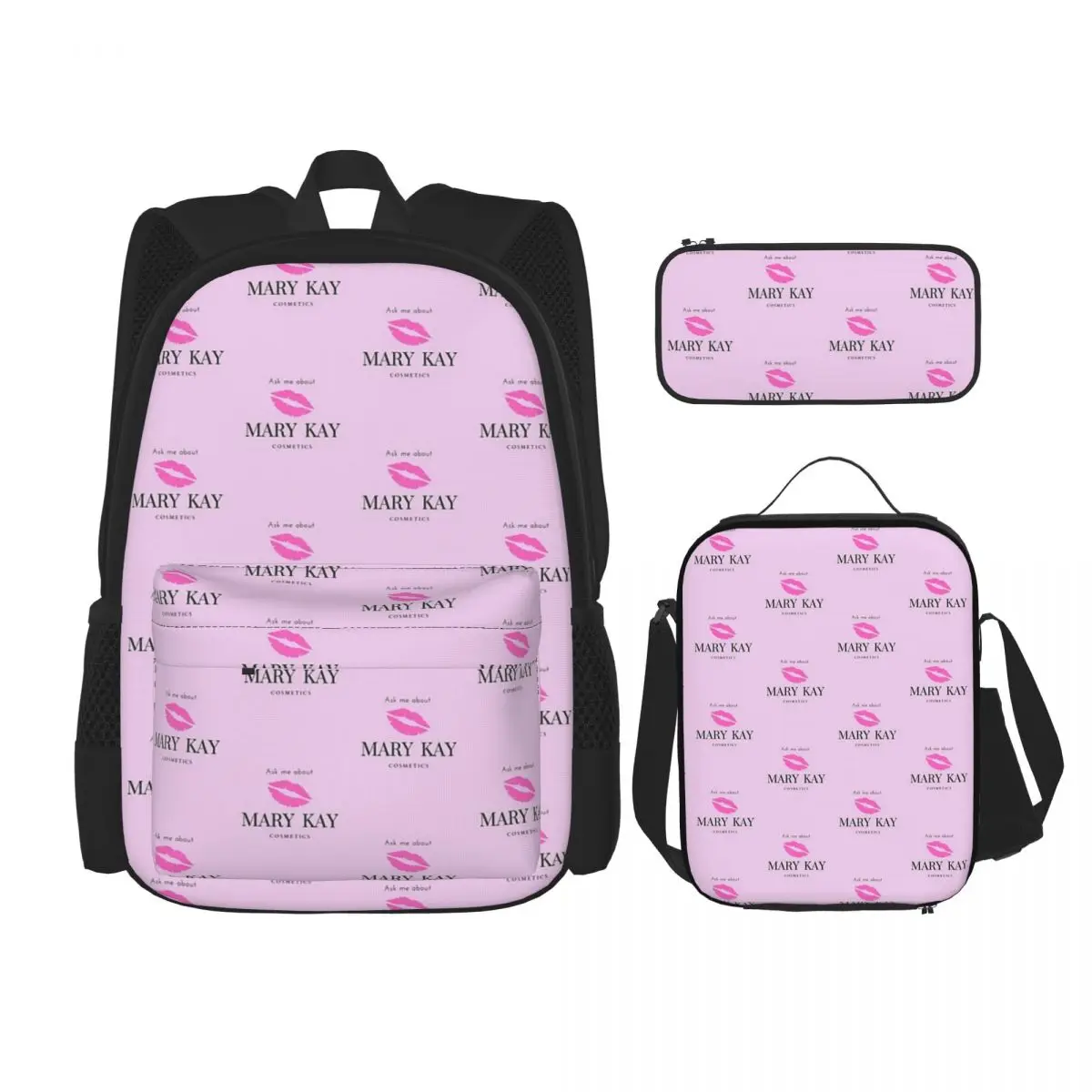 

Ask Me About Mary Kay Cosmetics Backpacks Boys Girls Bookbag Children School Bags Rucksack Lunch Bag Pen Bag Three-Piece Set