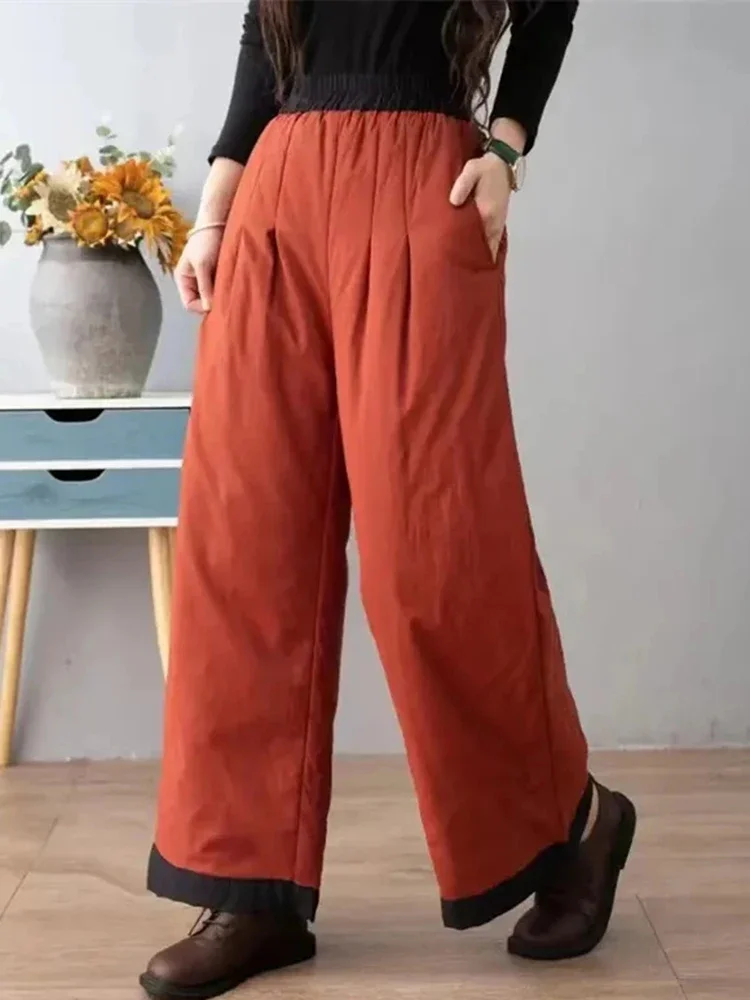 Fashion Down Cotton Wide Leg Pants Women Snow Wear Windproof Winter Baggy Pantalones Elastic Waist Thick Warm Vintage Trousers