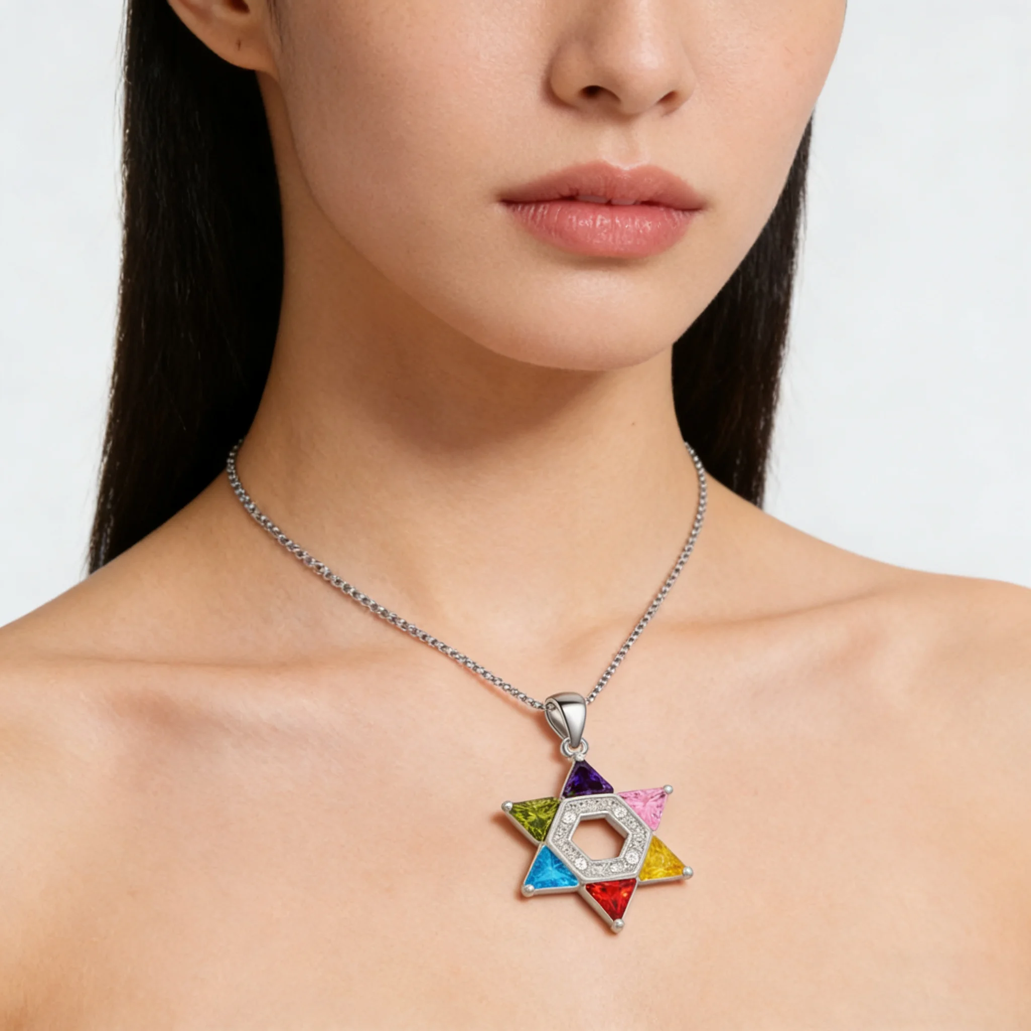 قلادة على شكل نجمة داود الملونة للنساء، قلادة سداسية أنيقة مع زركونيا مكعبة، هدية مجوهرات بوهيمية عصرية لـ