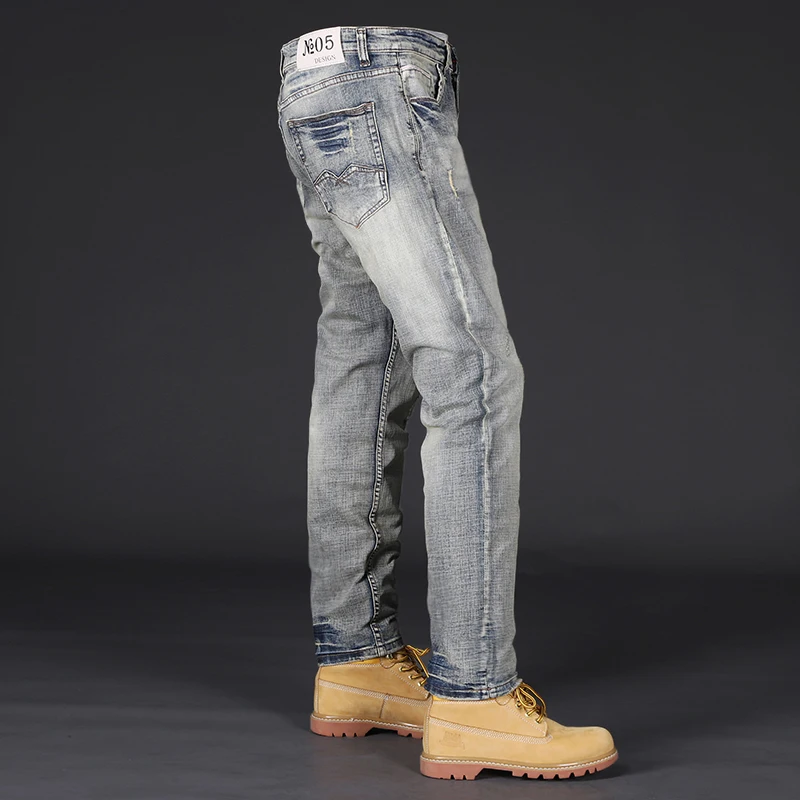 

Italian Style Fashion Men Jeans Retro Washed Blue Stretch Slim Fit Ripped Jeans Men Vintage Trousers Designer Denim Pants Hombre