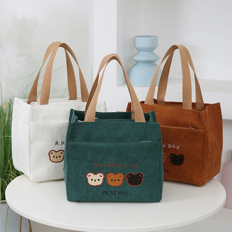

Corduroy Embroidered Bear Tote Bag, Stylish Cosmetic Storage Handbag, Suitable for Daily Work School Outdoor Travel Deliver Food