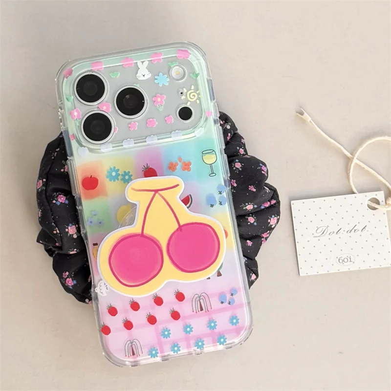 Kawaii Colorful Fruit Grid Print Clear Phone Case With Matching Cherry Pop Socket For iPhone 14 15 16 17 Pro Max INS Fresh Summe