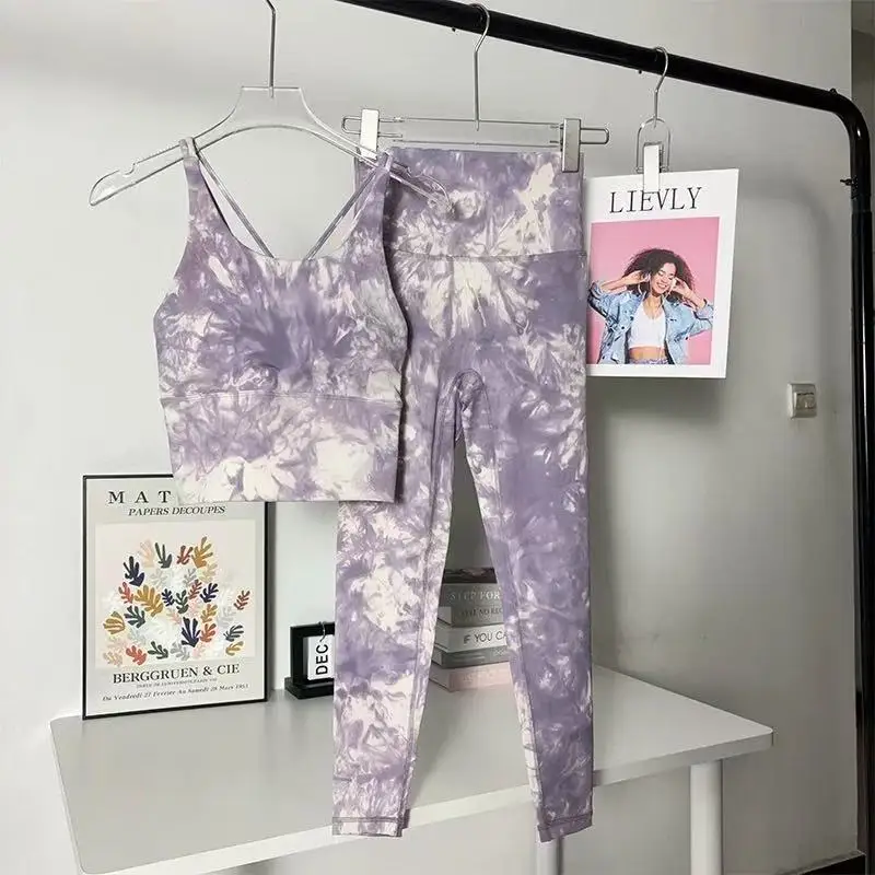 2PCS Women's Tie Dye Fitness Set European American Style Breathable Sports Running Training Slimming Pilates Yoga Outfit