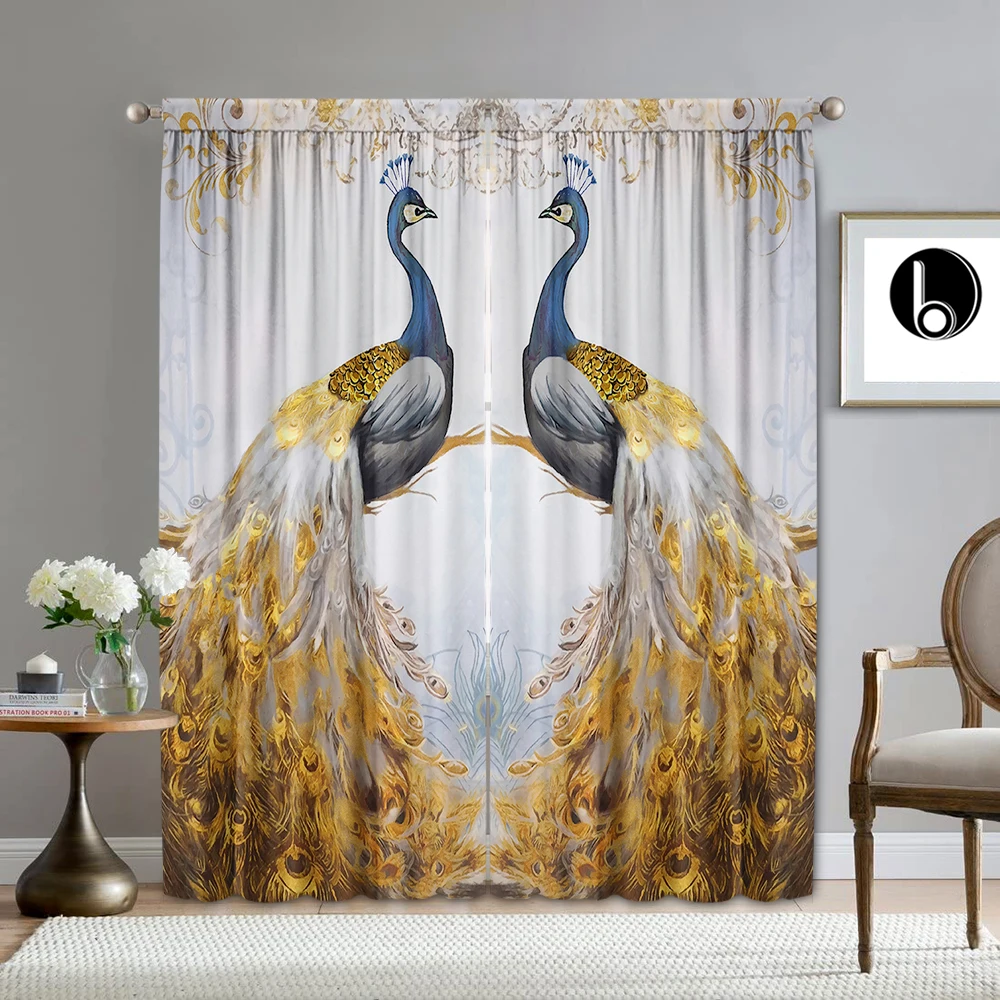 2PC Home Decoration Curtains, Blue And Yellow Peacock With Rod Pocket Curtains, Kitchen, Coffee Shop, Living Room, Balcony