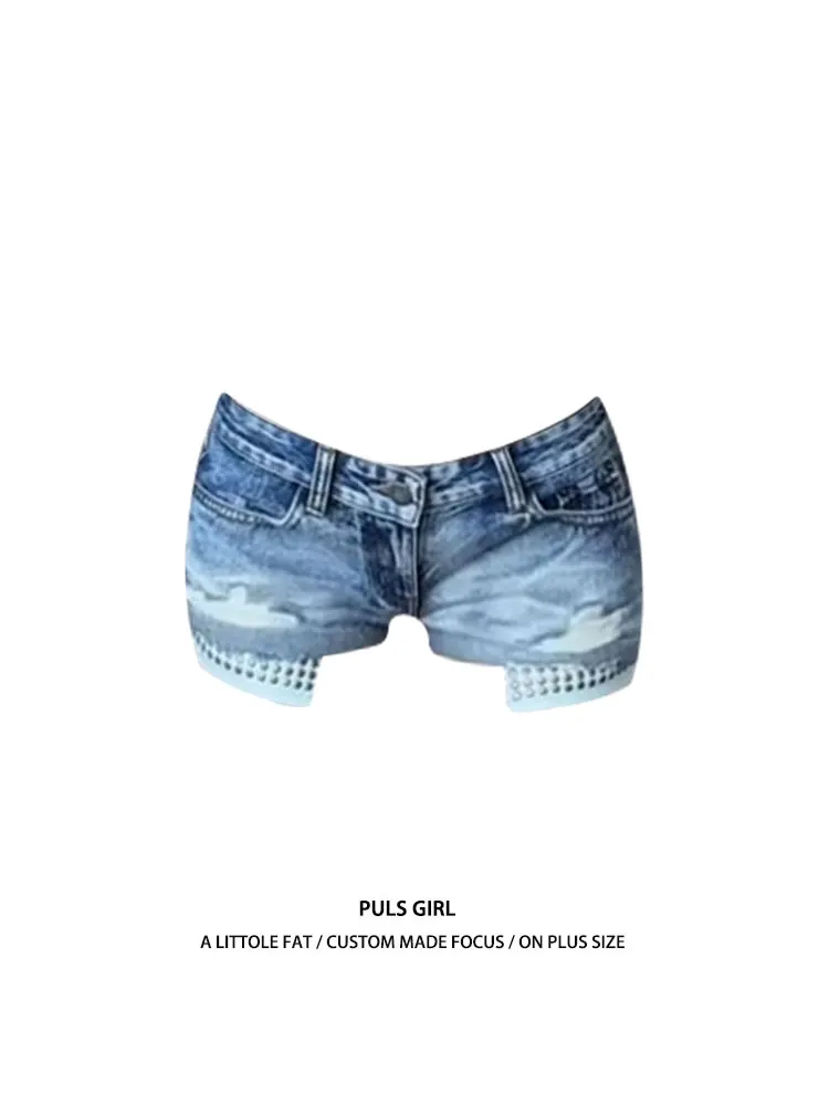 

Retro Washed Distressed Denim Shorts for Women Summer New Style Rivet Pocket Bodycon Hot Pants Low Waist Casual Wear
