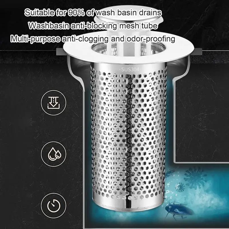 Stainless Steel Bathroom Sink Plug, Sink Drain Filter, Pop-Up Basin Anti Odor Rebound Core Plug Filter, Household Necessity