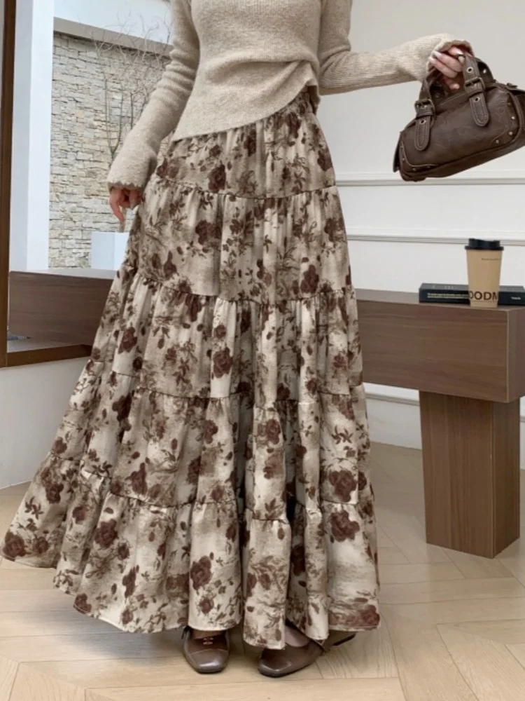 

SMTHMA New Autumn Winter Printed Big Swing Long Skirt Women's Multi-Layer Splicing A-line Skirt Street Style Skirt