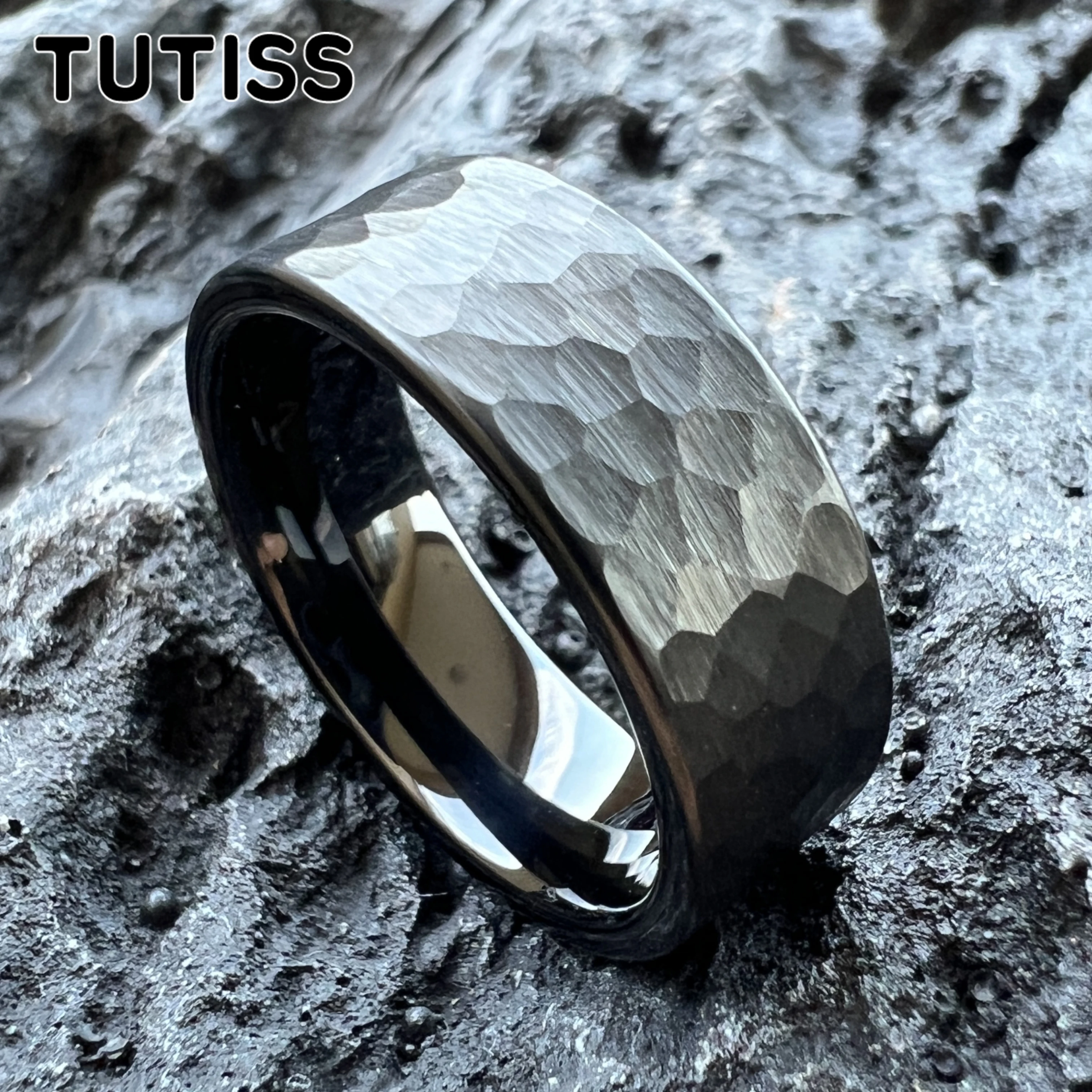 TUTISS 6/8mm Cool Black Hammer Ring Men Women Tungsten Engagement Wedding Band Pipe Cut Comfortable Fit