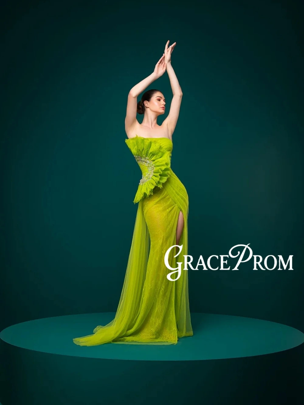

Chic Lime Green Strapless Evening Dress 3D Ruffle Pleated Split Thigh High Slit With Detachable Train Formal Prom Gown For Women