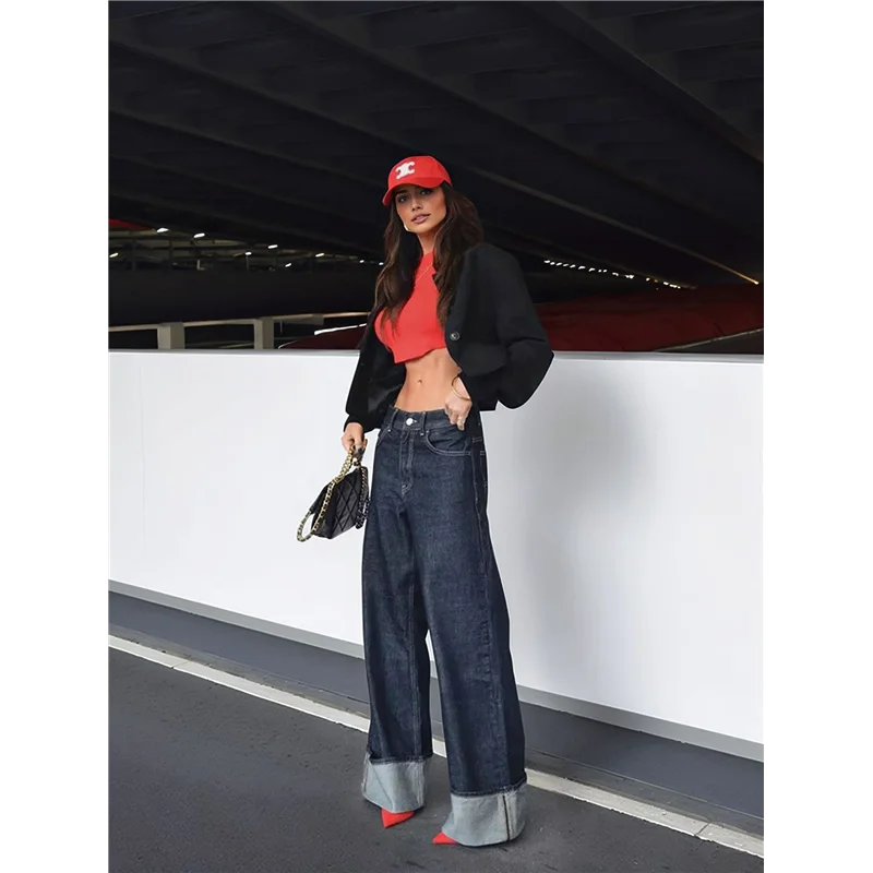 CYL-dames vintage denim set reversjas met lange mouwen en hoge taille jeans met wijde pijpen, tweedelige outfit