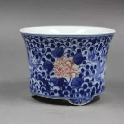 Ancient Porcelain Blue-and-white Glaze Red-pierced Dragon-pattern Flower Pot