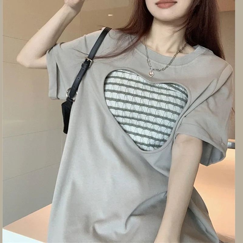 

Summer pure Cotton Casual Short Sleeve Sexy two-piece set T Shirt Women oversized stripe vest and solid T-shirts sets y2k Tops