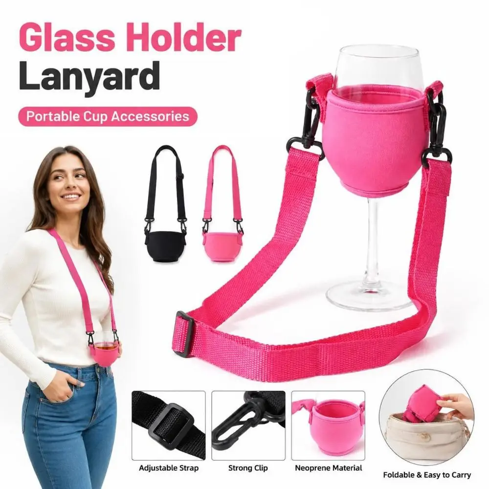 Adjustable Strap Glass Sleeve Holder Portable Nylon Webbing Glass Holder Lanyard Hands-Free Carrying Stemmed Glass Holder