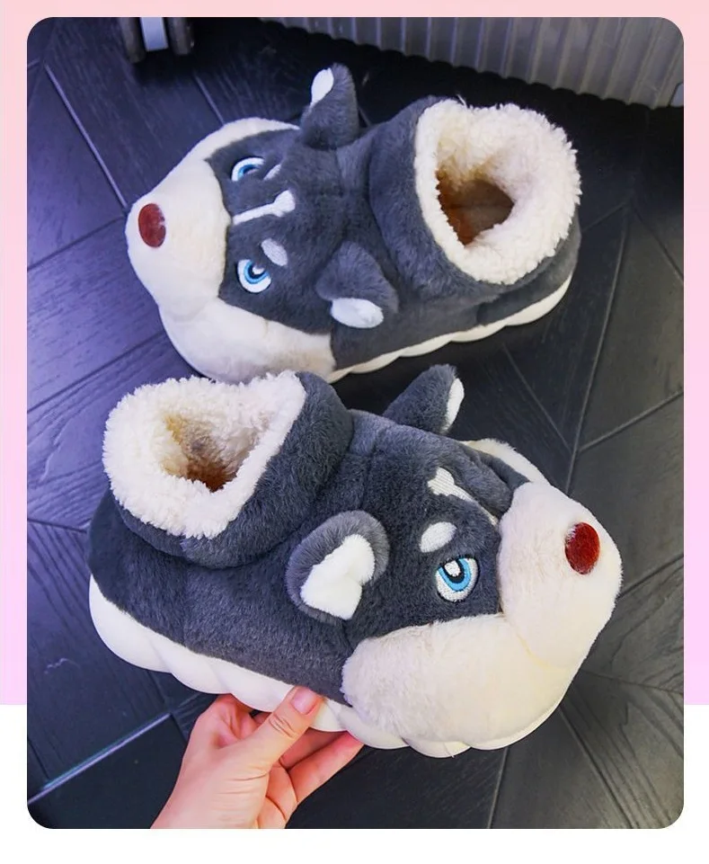 Winter Home Couple Shoes Women's Fluffy Dog Slippers Girls Animal Fur Slides Kawaii Funny Furry Shoes Woman Plush Rabbit Slipper