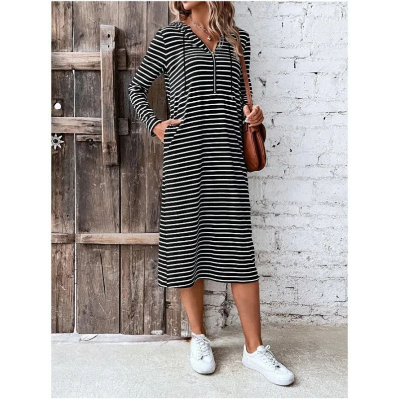 

Women's Striped Hooded Slim Dress, Long Sleeve, Temperament Commuting, Loose Casual Dresses, New Fashion, Autumn