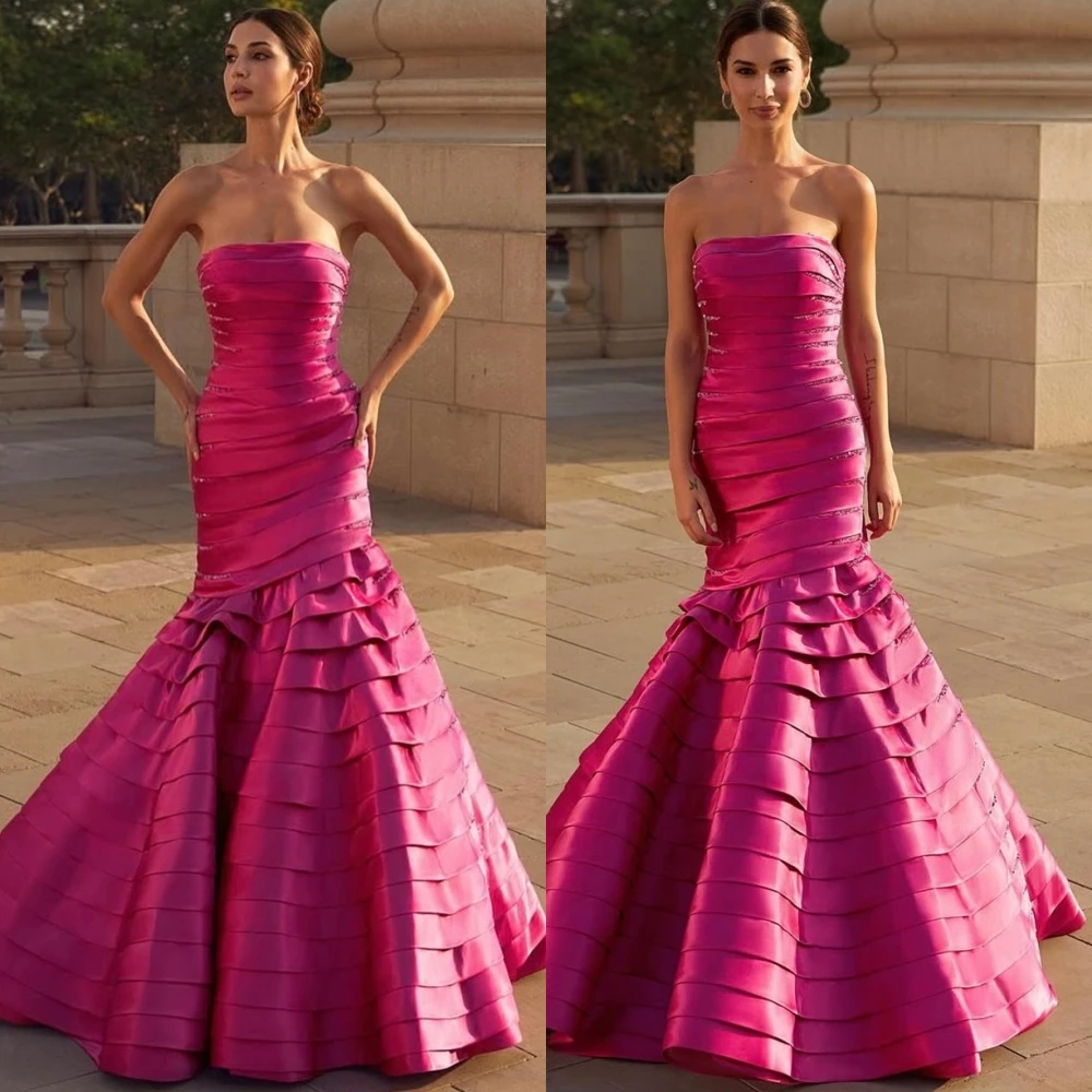 Personalizado moderno cetim sem alças vestido de noite delicado sem mangas vestidos de baile luxo varredura trem vestidos de ocasião especial