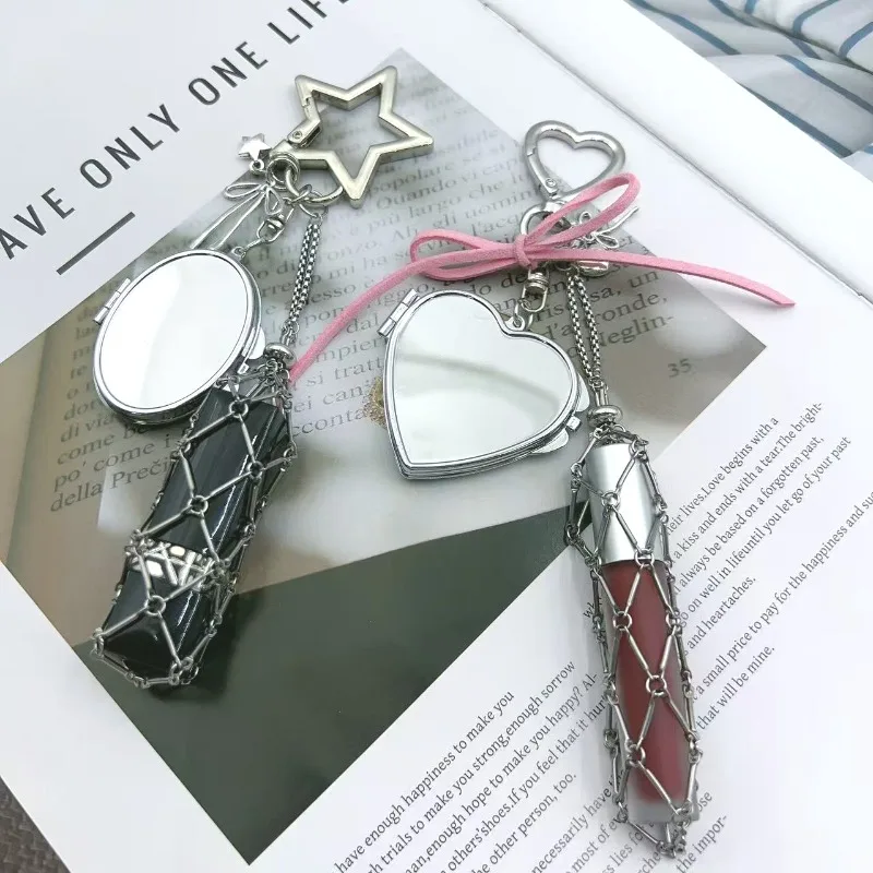 

Hotsell Metal Chain Net Pocket Lipstick Bag Keychain Portable Lip Balm Pouch Keyring Girly Pink Bow Ribbon Love Mirror Accessory