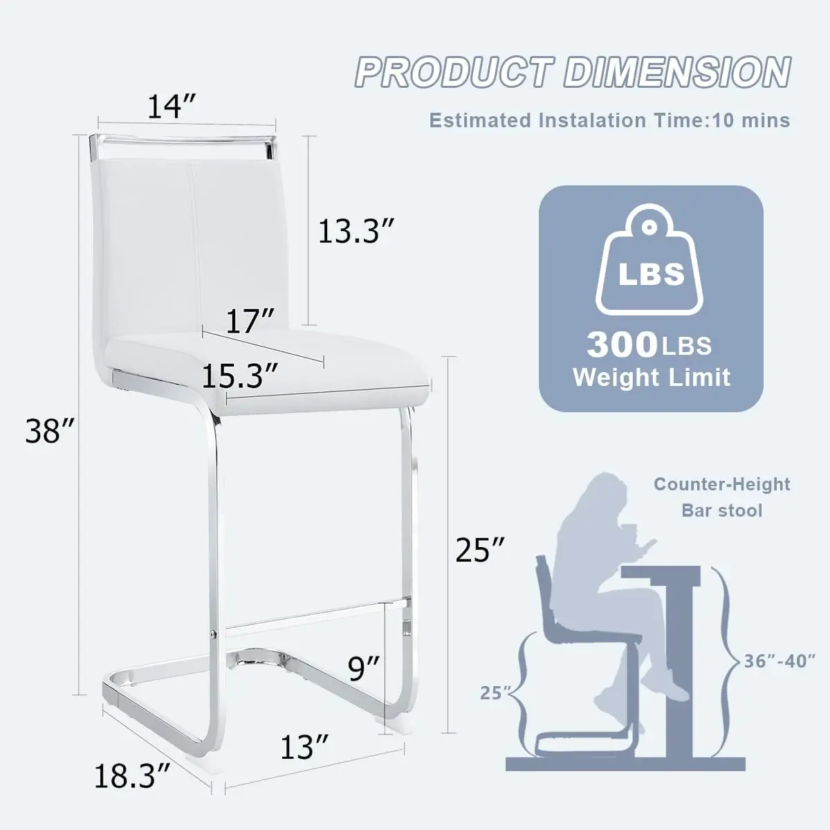 مجموعة مقاعد بار بارتفاع عداد مكونة من 3 قطع، مقاعد معدنية بيضاء بأرجل من الكروم الفضي، ودعم خلفي لجزيرة المطبخ