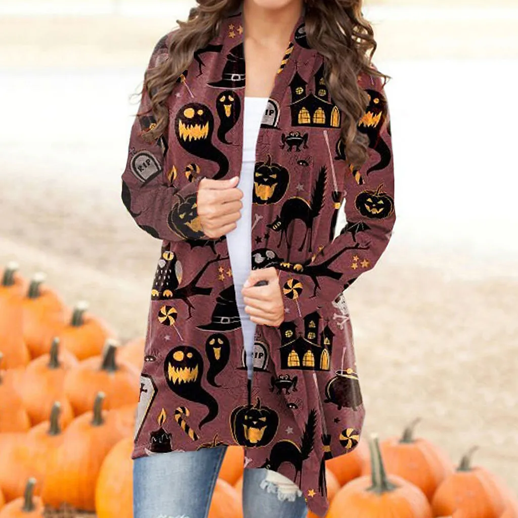 

Halloween Cardigan For Women Sweater Top Long Blouse Ladies Sleeve Funny Cute Pumpkin Coat Clothing Holiday Gifts Outwear 2024