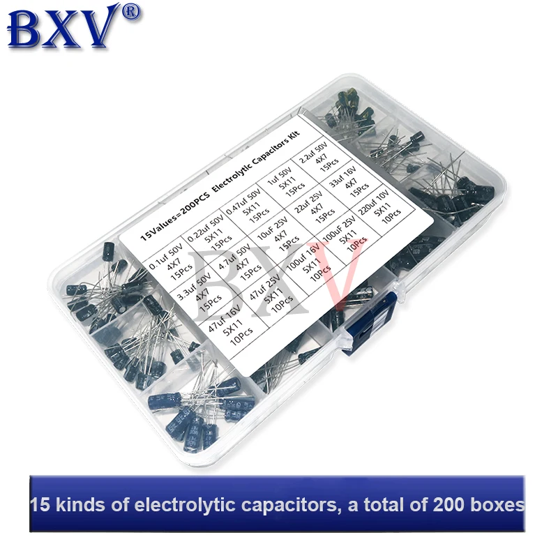 15Kinds Electrolytic Capacitor Organization Storage 200PCS/LOT 0.1-220uF Capacitors Assortment Box Kit