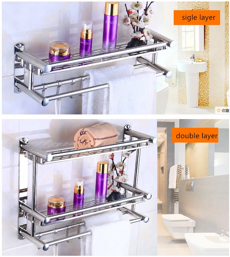 Stainless Steel Bathroom Storage Rack Wall Shelf Towel Rack Holder With Hooks Bathroom Accessories Kitchen Storage Shelf