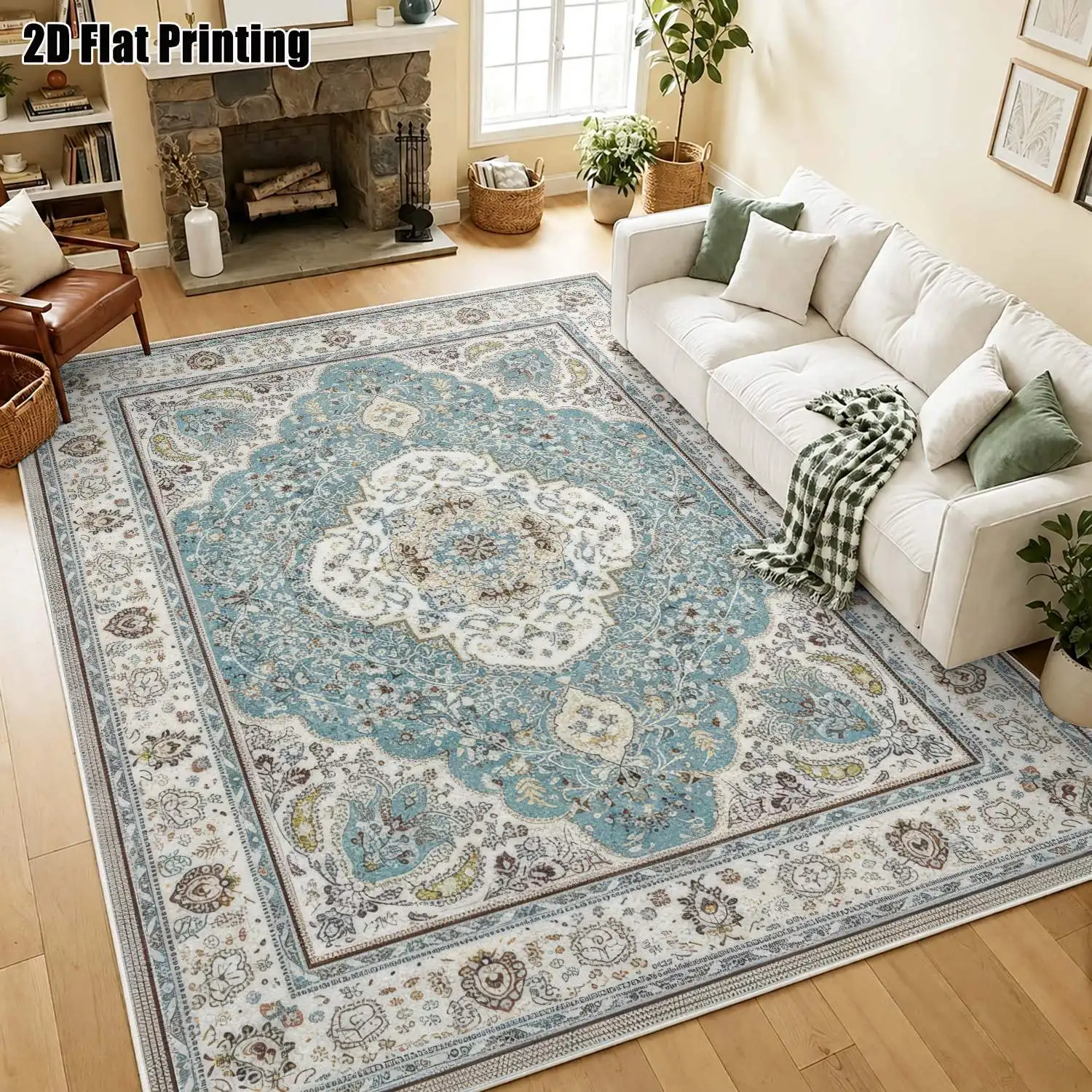 1Pc 2D Printed Blue-White Retro Floral Velvet Carpet, European Style, Machine Washable, Multi-Size for Home Decor