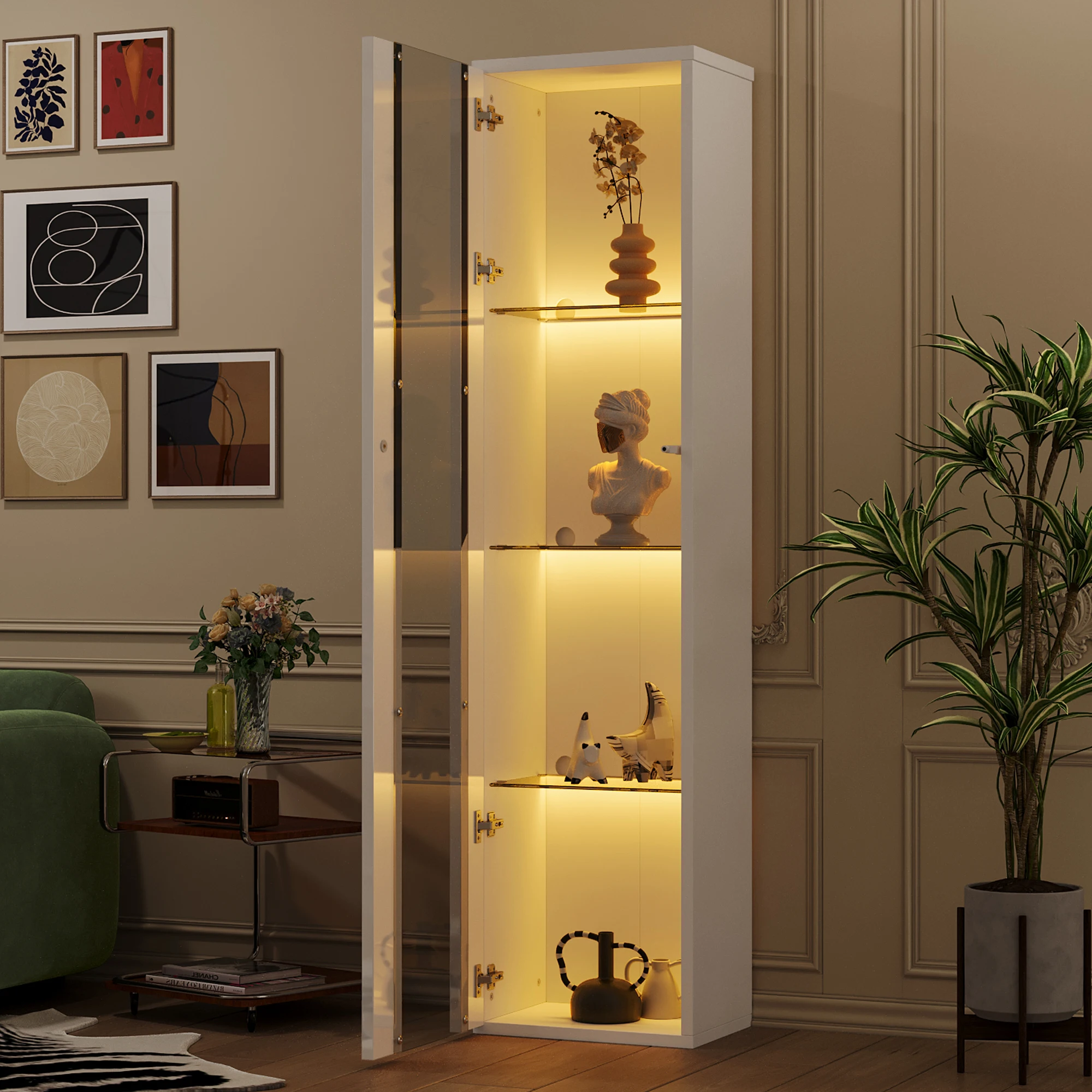 Vitrine à 4 niveaux, avec éclairage LED réglable et panneaux transparents, robuste, pour salon ou bureau, rangement et exposition, en aggloméré - Blanc