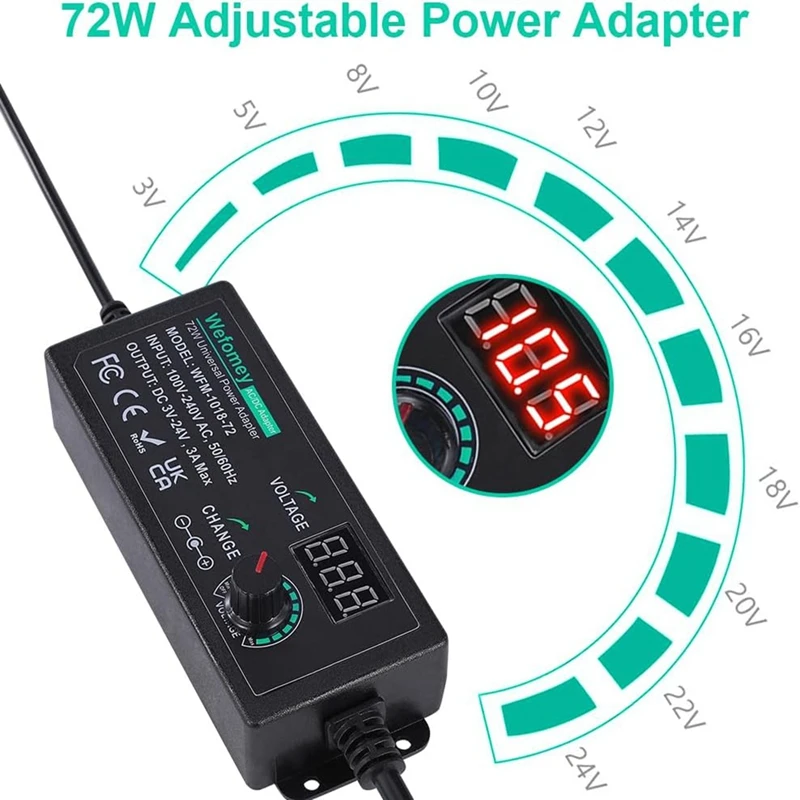 ABBN-Universal Power Supply Adjustable Variable 3V 5V 9V 12V 18V 20V 24V AC/DC Adapter Charger, AC To DC Converter US Plug