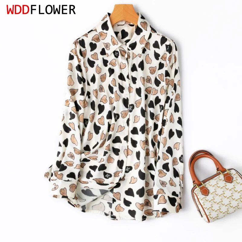 Women Silk Shirt 93% Mulberry Silk 7% Spandex 19 Momme White Heart Printed Long Sleeve Top Blouse office work M L XL M1086