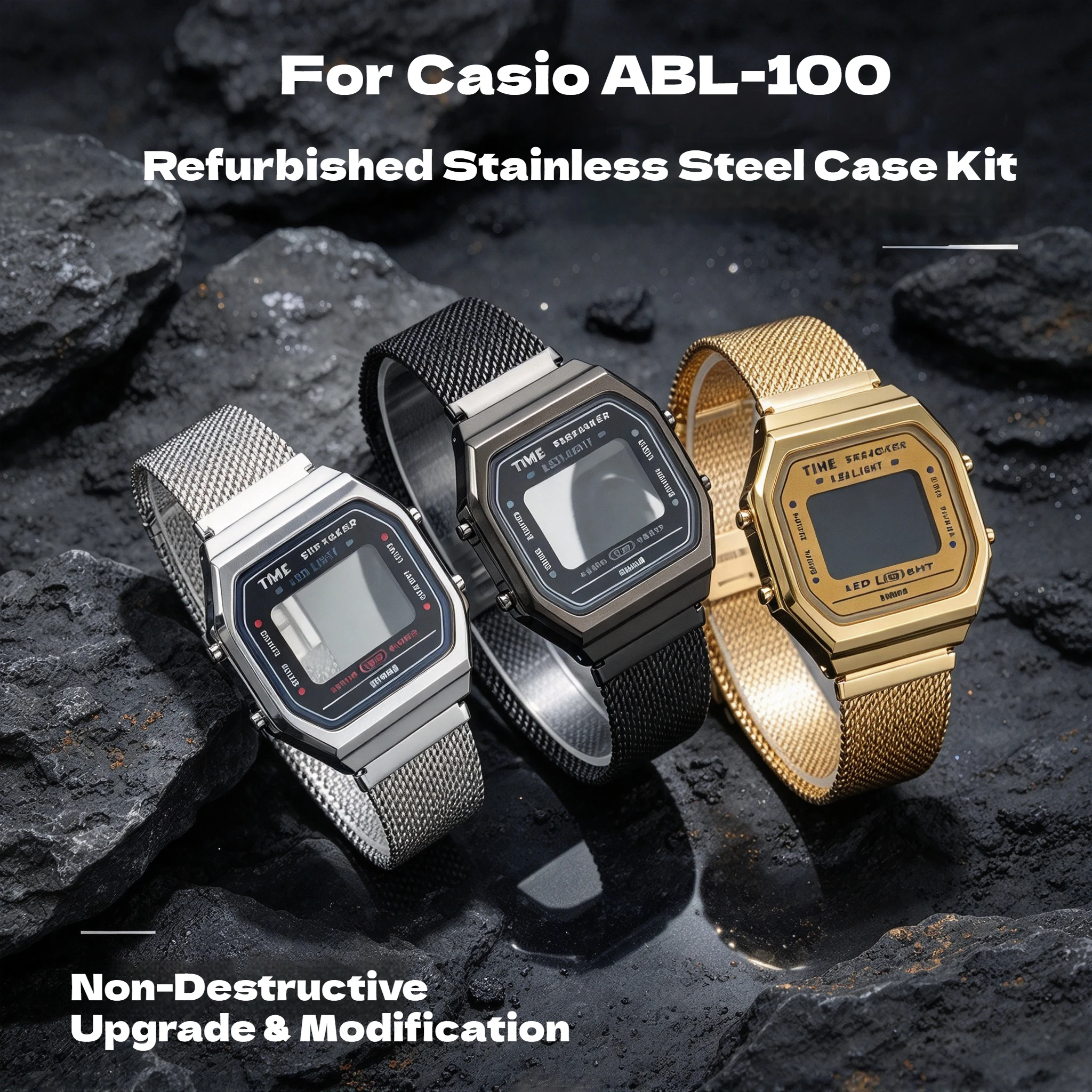 ABL-100 Stainless Steel Watch Case Mod Kit For Casio ABL100 Digital Watch Replacement Shell withWaterproof Ring Watch Case Strap