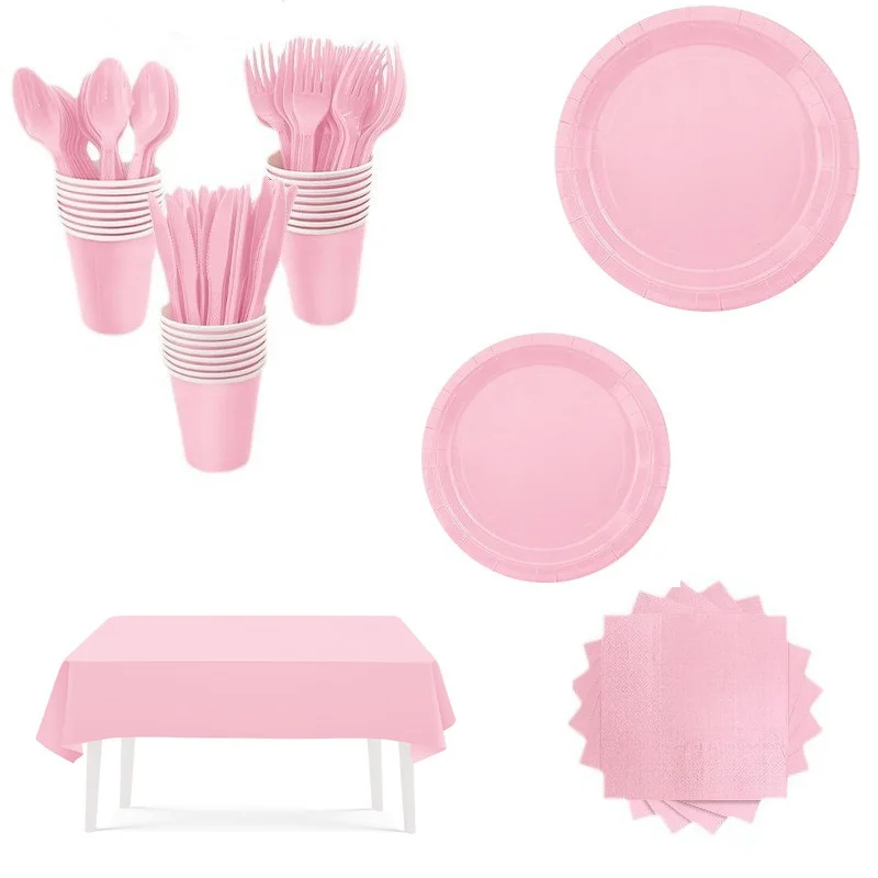 Conjunto de talheres descartáveis rosa claro para festa, pratos, copos, guardanapos, talheres, toalha de mesa para crianças, festa de aniversário, suprimentos domésticos