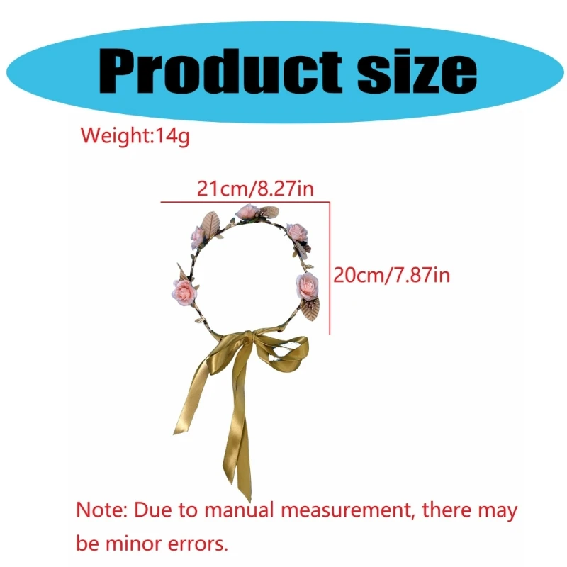 Women Elegant Rose Flower Headband with Adjustable Ribbon Wreath Crown Floral Wedding Hair Garland for Activities Party