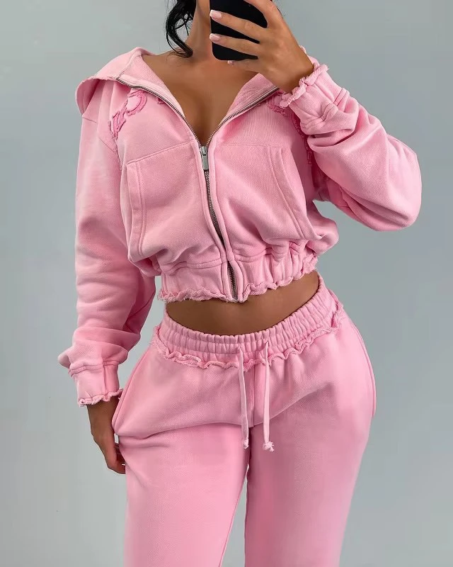 

Sexy American Street Style Crop Top Jacket Elastic Waist Fashionable Pants Couple's Clothing Long Sleeve Hooded Set Casual Sp...