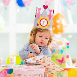 Crown Princess Hat para Crianças, números intercambiáveis, feltro cinza, festa de aniversário, celebração ajustável, durável, decoração do chuveiro do bebê