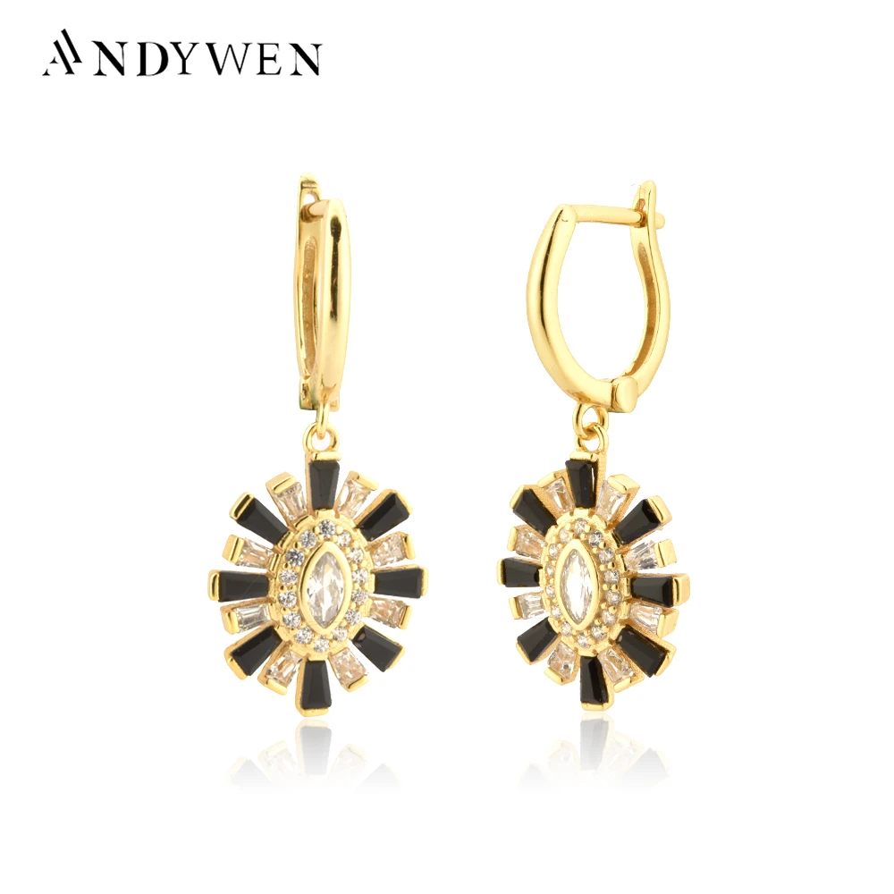 

ANDYWEN 925 Sterling Silver 8mm Circle Black Oval SunFlower Drop Earrings Colorful CZ Women Rock Punk Fine Fashion Jewelry