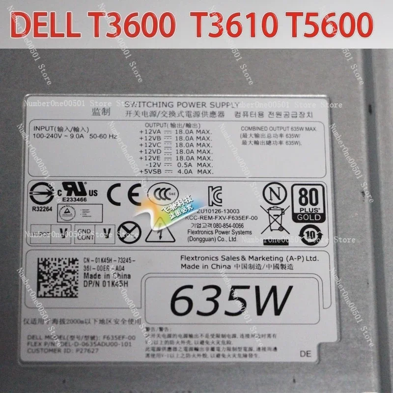 95% New for Dell T3600 T3610 Workstation Power Supply 635W F635EF00 D635EF00 1K45H NVC7F High Efficiency Server PSU