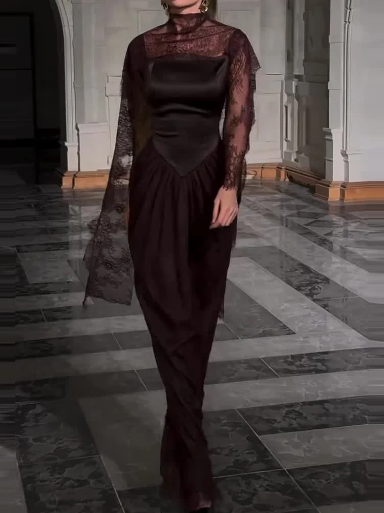 Dame elegante kant hoge kraag avondjurk sexy zijsplit toga's feestjurk mode hoge taille gedrapeerde slanke vloerlengte jurk