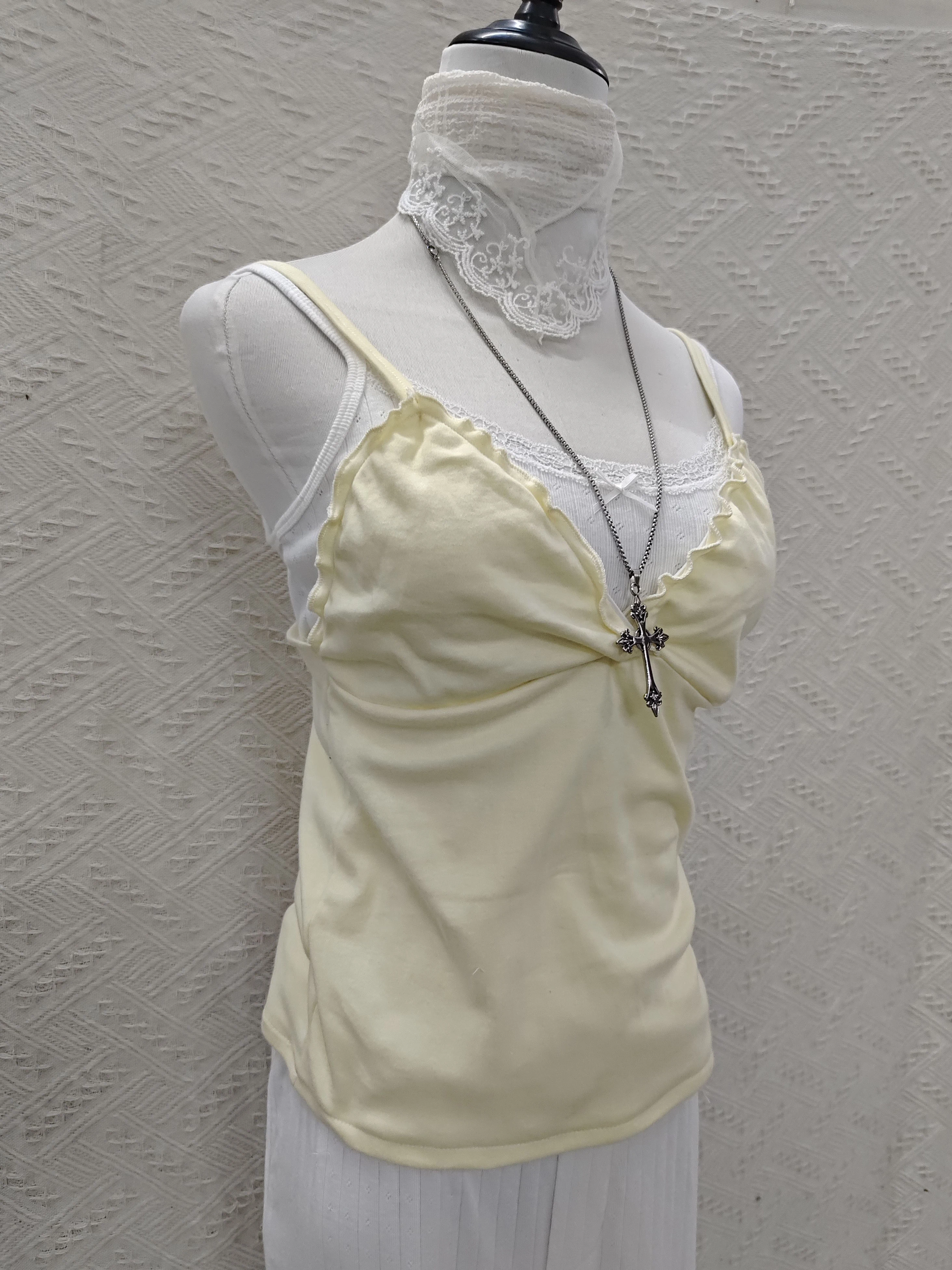 Butter Yellow Cute Slim Crop Top Woman Summer Fungus Trim V-neck Sexy Backless Cotton Camisole Female Sweet Tank Tops New Vest